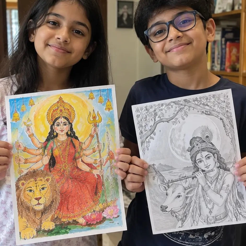 Children displaying their Navratri and Maa Durga artwork