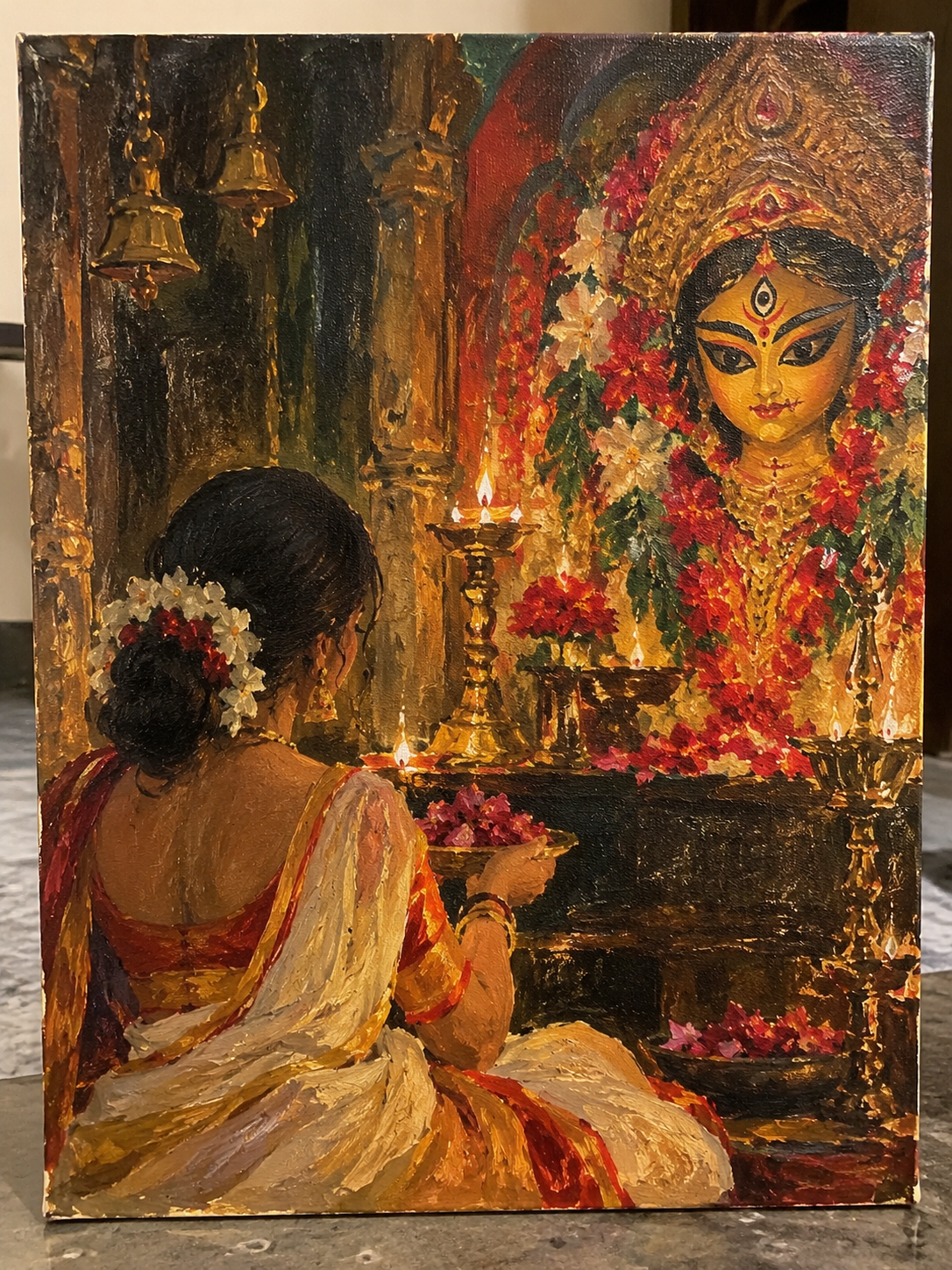 Anuradha's winning oil painting for the Navratri and Maa Durga drawing competition