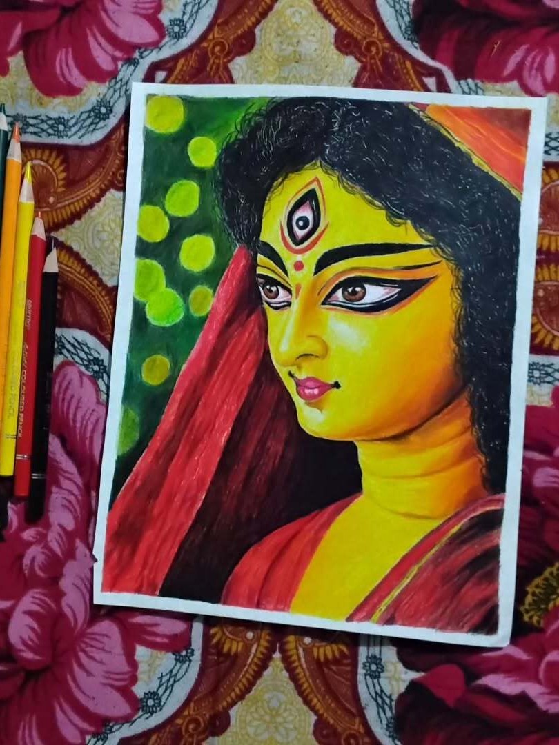 Aditya's winning colour-pencil artwork for the Navratri and Maa Durga drawing competition